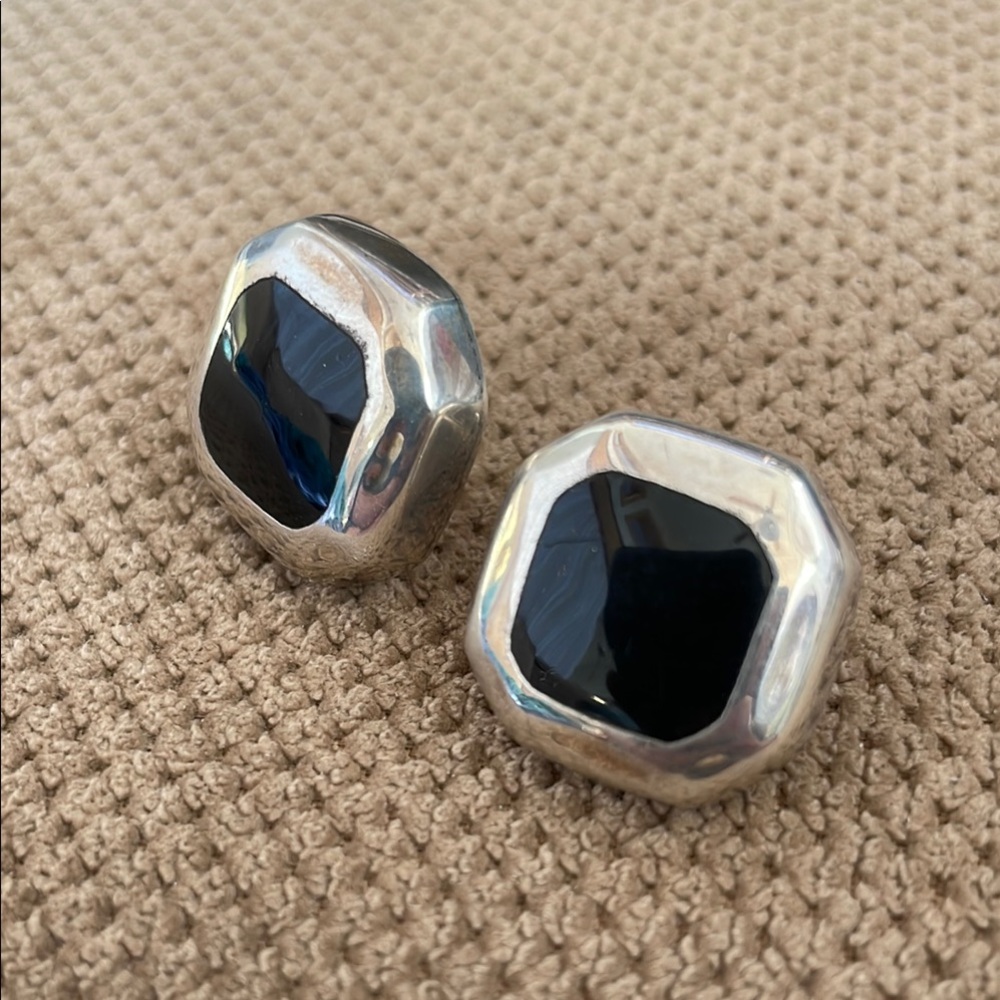 Silver and Black Obsidian Geometric Earrings Sterling Silver 925